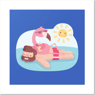 Funny Flamingo Chilling On Human Pool Float Posters and Art